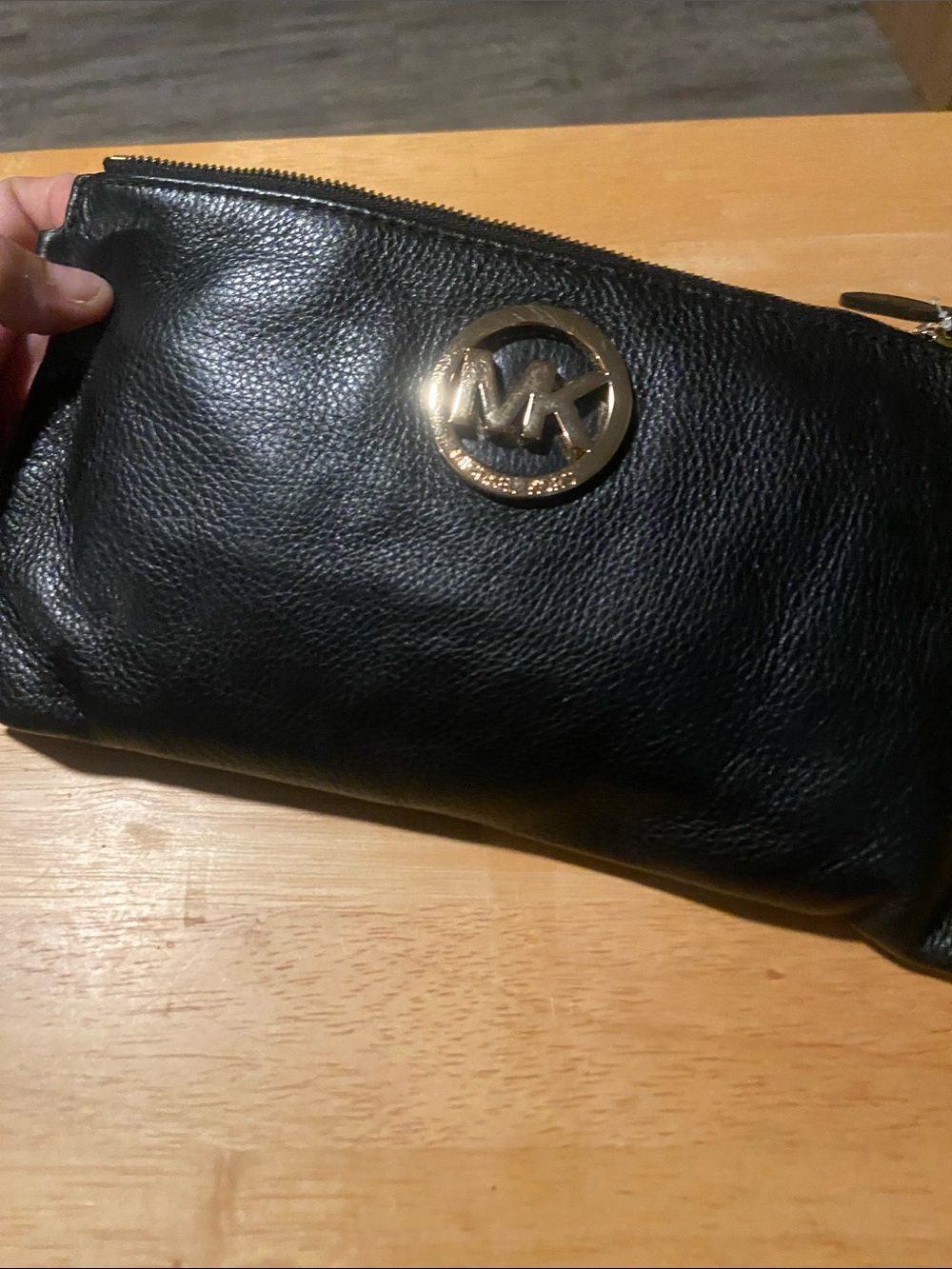 Michael Kors Black Leather  Wristlet with Gold MK Logo
